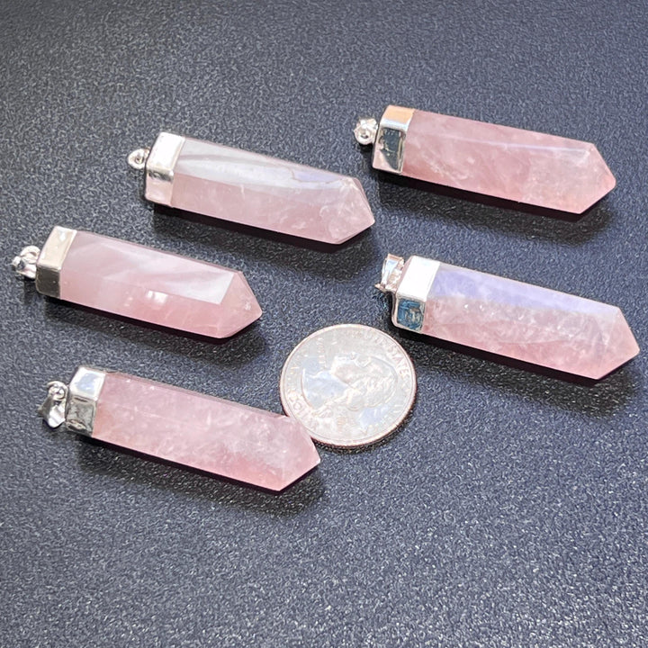 Pink Rose Quartz Crystal Point Pendant (Silver Plated) Faceted Gemstone Jewelry Necklace Supply