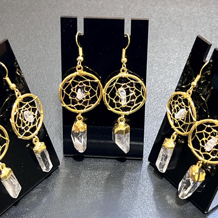 DreamCatcher Earrings Pair (Quartz Crystal)(Gold Plated)(Stainless Steel Hooks) Gemstone Jewelry Supply