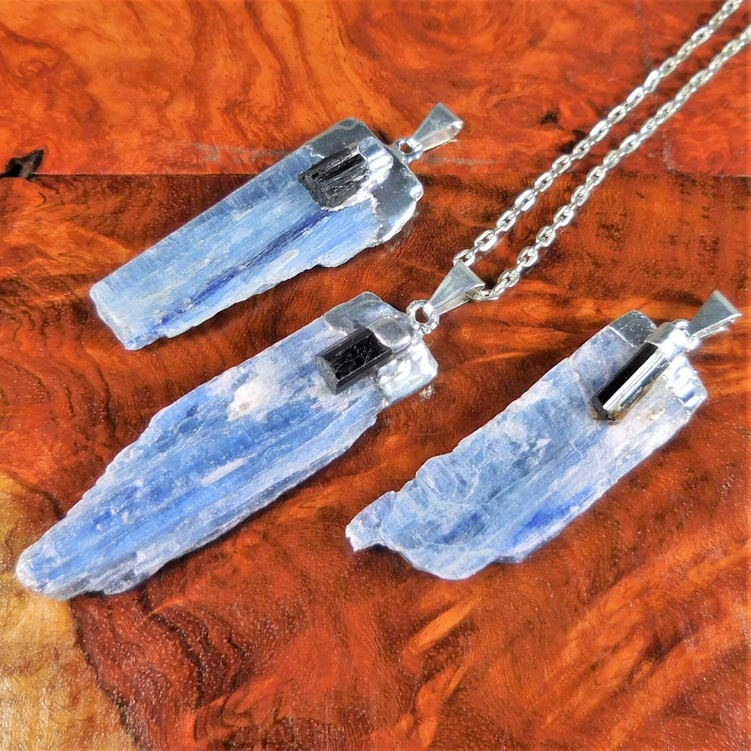 Blue Kyanite & Tourmaline Crystal Pendant (Silver Plated) Gemstone Jewelry Necklace Charm Supply