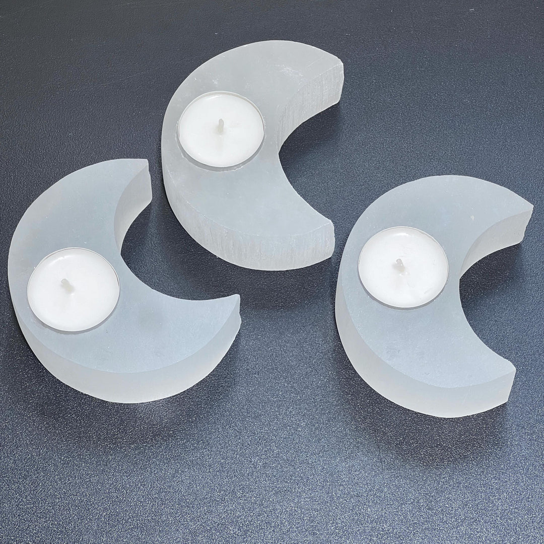 Selenite Crystal Crescent Moon Tealight Candle Carving Gemstone Home Decor