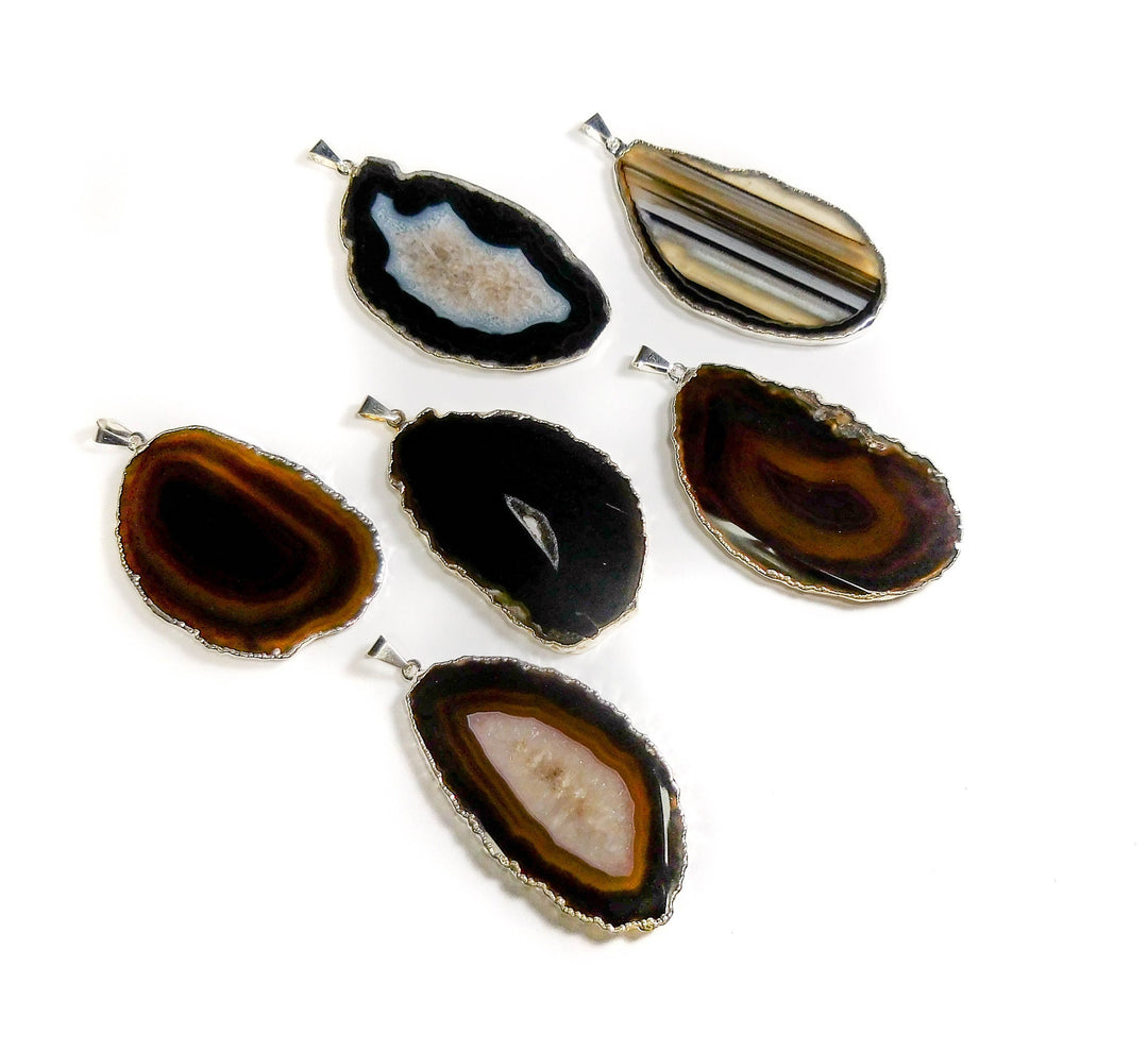 Agate Slice Pendants (Black / Brown)(Silver Edges) Wholesale Lot Polished Geode Slice Jewelry Charms