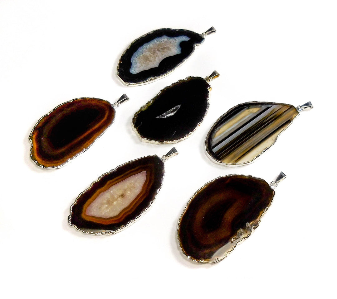 Agate Slice Pendants (Black / Brown)(Silver Edges) Wholesale Lot Polished Geode Slice Jewelry Charms