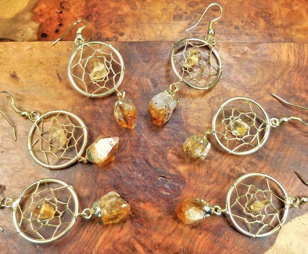 DreamCatcher Earrings Pair (Citrine Crystal)(Gold Plated)(Stainless Steel Hooks) Gemstone Jewelry Supply