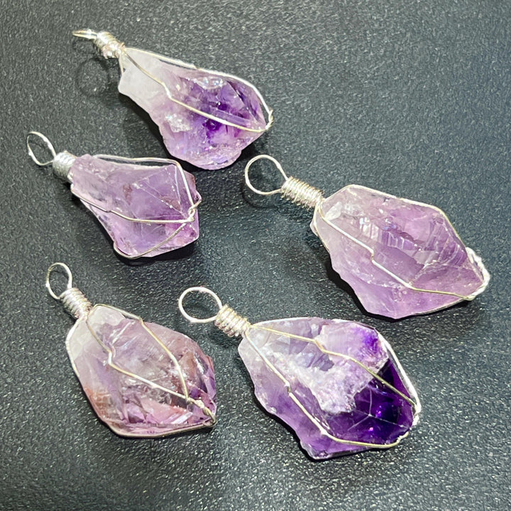 Amethyst Crystal Point Pendant (Silver Plated Wire Wrapped) Raw Gemstone Jewelry Necklace