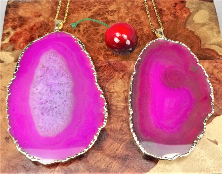 Hot Pink Agate Slice Pendant (Large 3-4 Inches)(Gold Plated) Geode Crystal Jewelry Necklace Supply