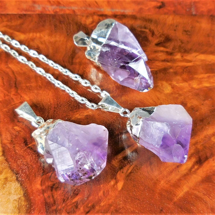 Purple Amethyst Crystal Rough Raw Point Pendant (Silver Plated) Wholesale