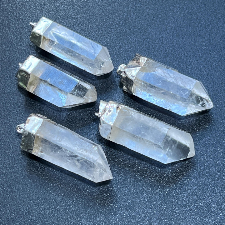 Quartz Crystal Point Pendant (Silver Plated) Gemstone Jewelry Necklace Charm Supply