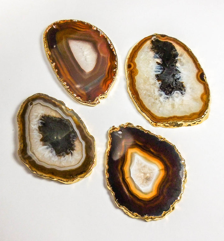 Natural Gray Brown Drilled Agate Slice (2mm Hole)(Gold Plated Edges) Gemstone Decor Craft Supplies