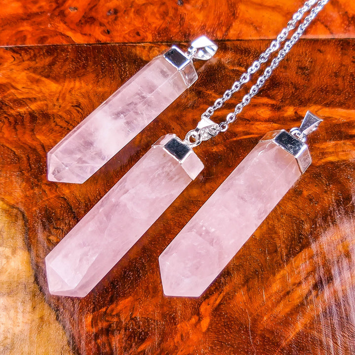 Pink Rose Quartz Crystal Point Pendant (Silver Plated) Faceted Gemstone Jewelry Necklace Supply