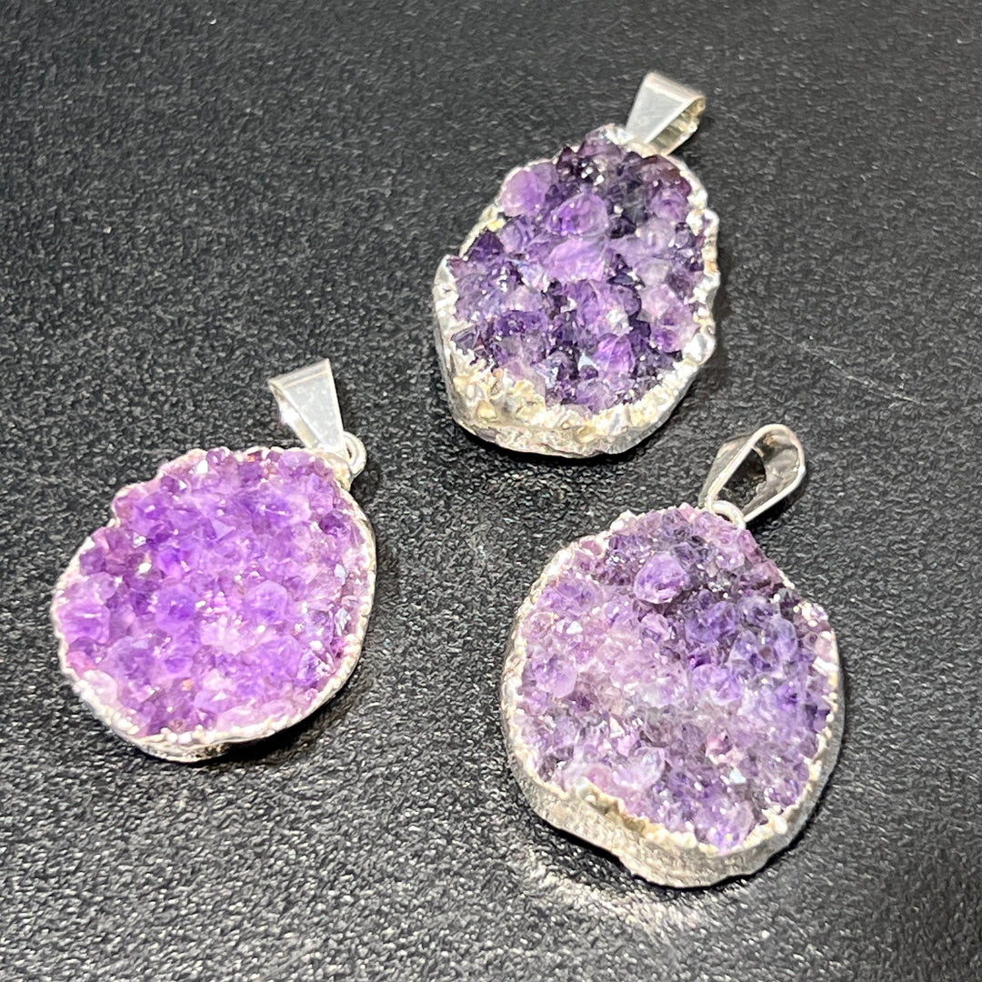 Amethyst Druzy Crystal Pendant (Silver Plated Edges) Petite Purple Jewelry Charm Necklace Supply