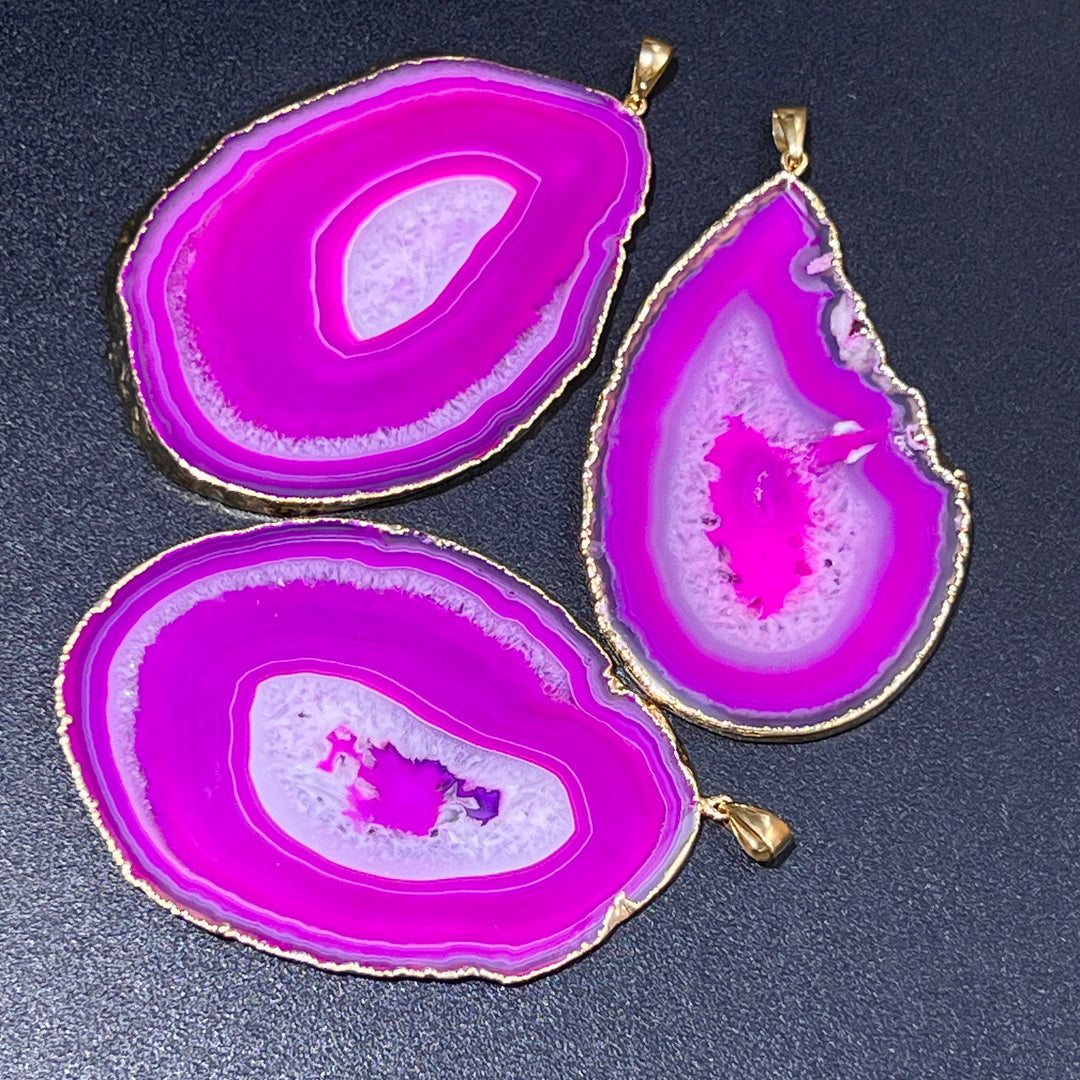 Hot Pink Agate Slice Pendant (Large 3-4 Inches)(Gold Plated) Geode Crystal Jewelry Necklace Supply