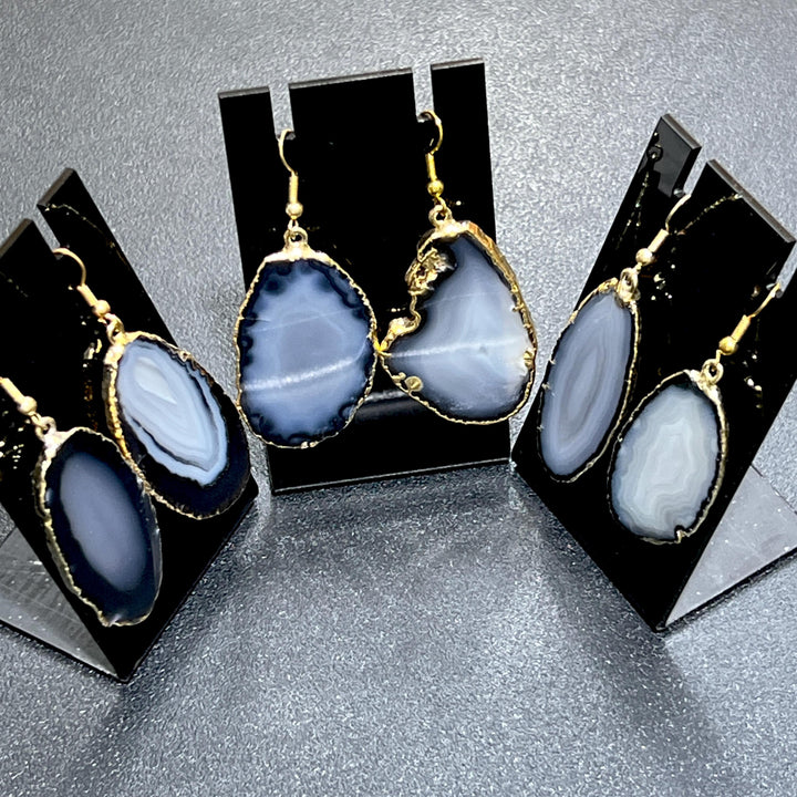 Black Gray Agate Slice Earrings Pair (Gold Plated Edges) Wholesale