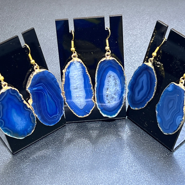 Blue Agate Slice Earrings Pair (Gold Plated Edges)(Stainless Hooks) Geode Slice Jewelry