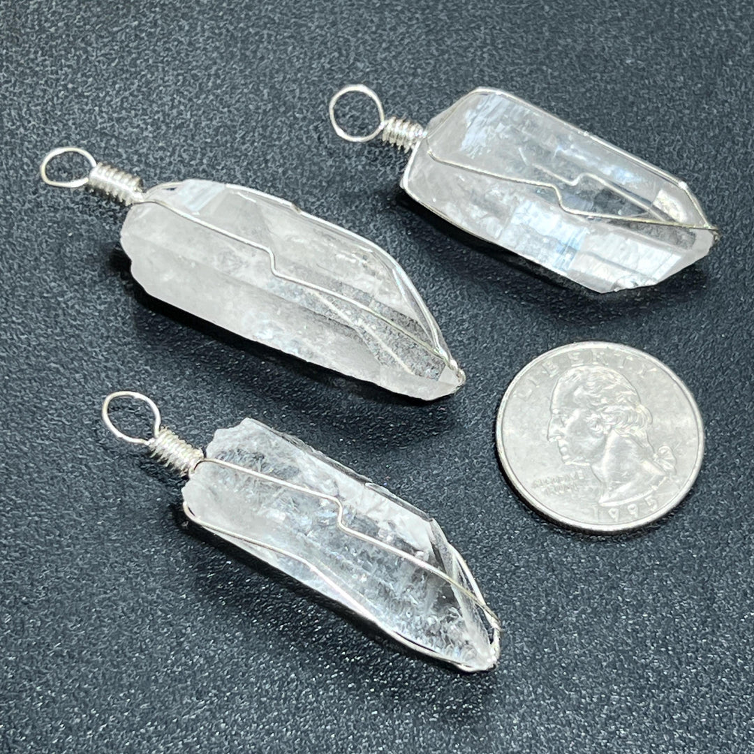 Quartz Crystal Point Wire Wrapped Pendant (Silver Plated)