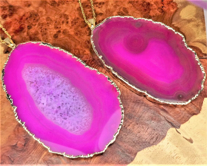 Hot Pink Agate Slice Pendant (Large 3-4 Inches)(Gold Plated) Geode Crystal Jewelry Necklace Supply