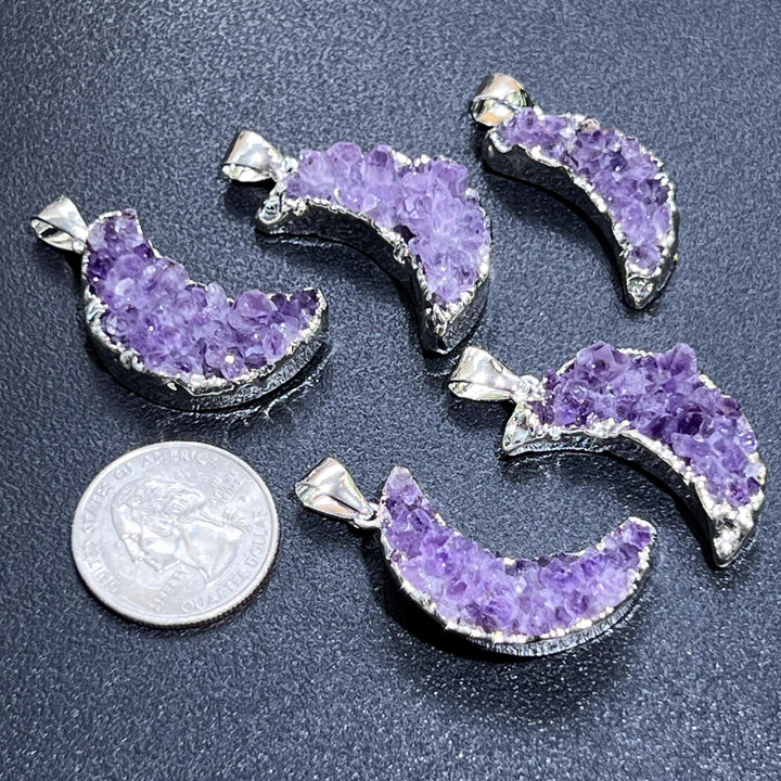 Crescent Moon Pendant (Amethyst Druzy Crystal)(Silver Plated) Gemstone Jewelry Necklace Charm Supply