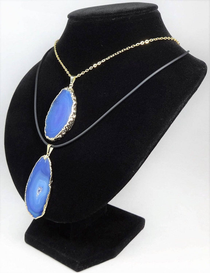 Blue Agate Slice Crystal Pendant (Gold Plated Edges) Gemstone Jewelry Necklace Charm Supply