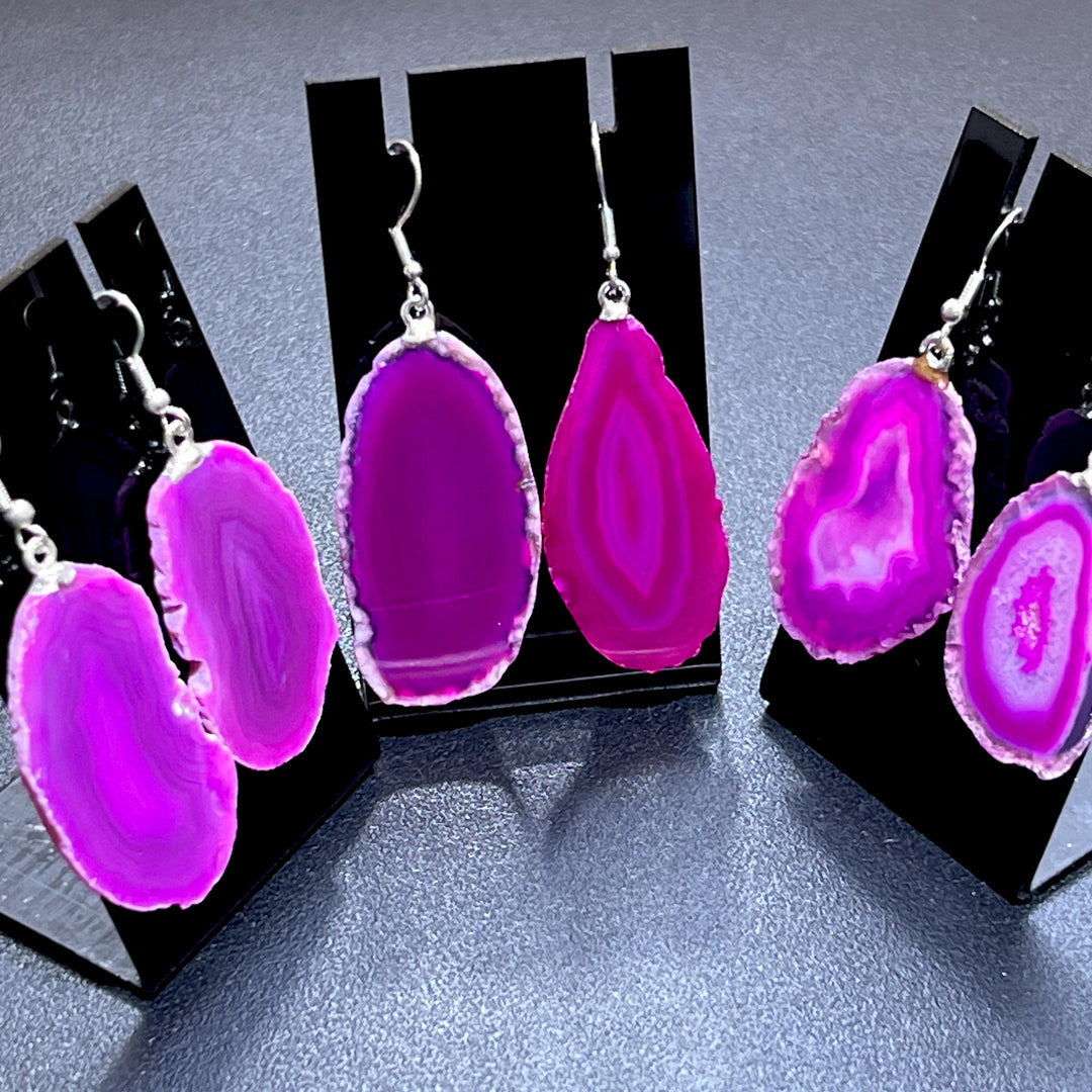 Pink Agate Slice Earrings Pair (Stainless Steel Hooks) Wholesale Gemstone Jewelry