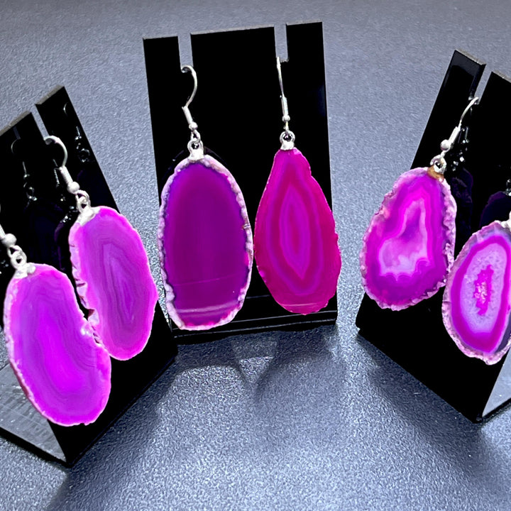 Pink Agate Slice Earrings Pair (Stainless Steel Hooks) Wholesale Gemstone Jewelry