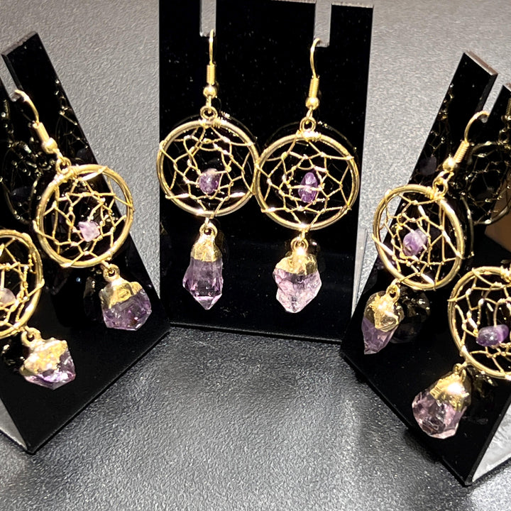 DreamCatcher Earrings Pair (Amethyst Crystal)(Gold Plated)(Stainless Steel Hooks) Gemstone Jewelry Supply