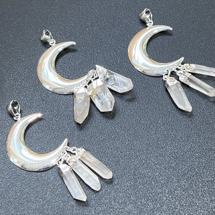 Quartz Crystal Crescent Moon Pendant (Silver Plated)(3 Crystals) Gemstone Jewelry Necklace Supply