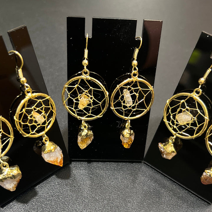 DreamCatcher Earrings Pair (Citrine Crystal)(Gold Plated)(Stainless Steel Hooks) Gemstone Jewelry Supply