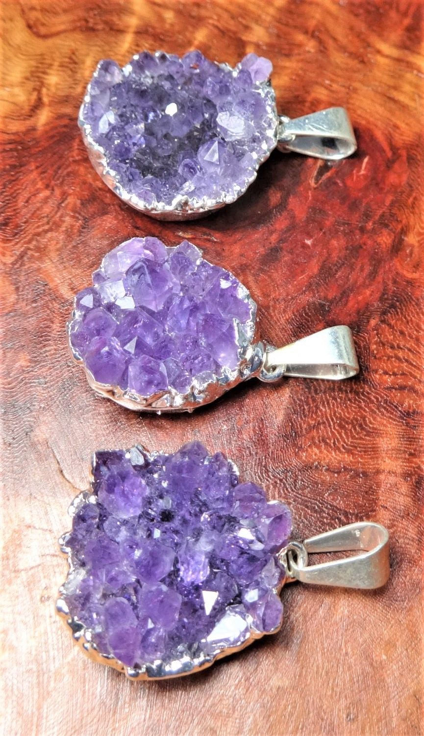 Amethyst Druzy Crystal Pendant (Silver Plated Edges) Petite Purple Jewelry Charm Necklace Supply