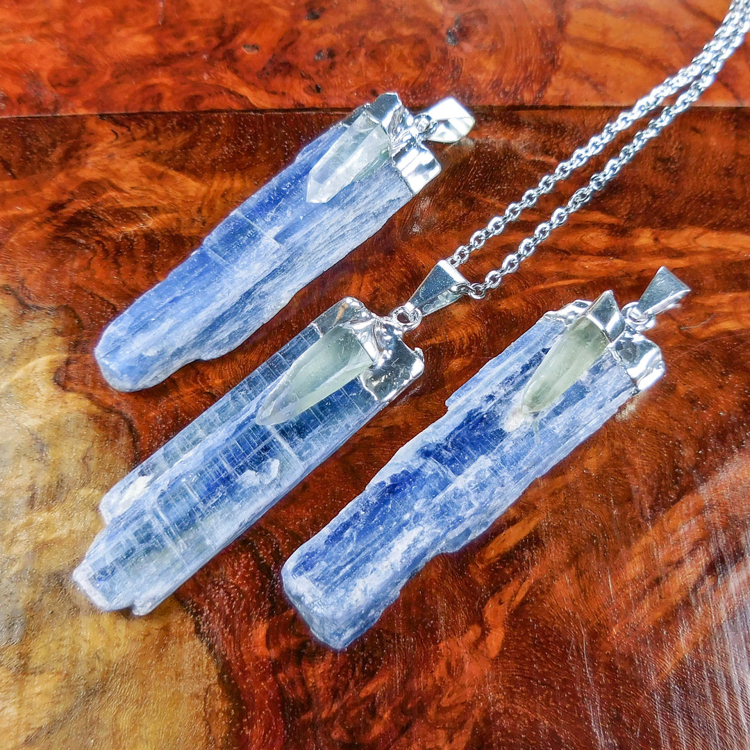 Kyanite and Quartz Crystal Pendant (Silver Plated) Blue Gemstone Jewelry Necklace Supply