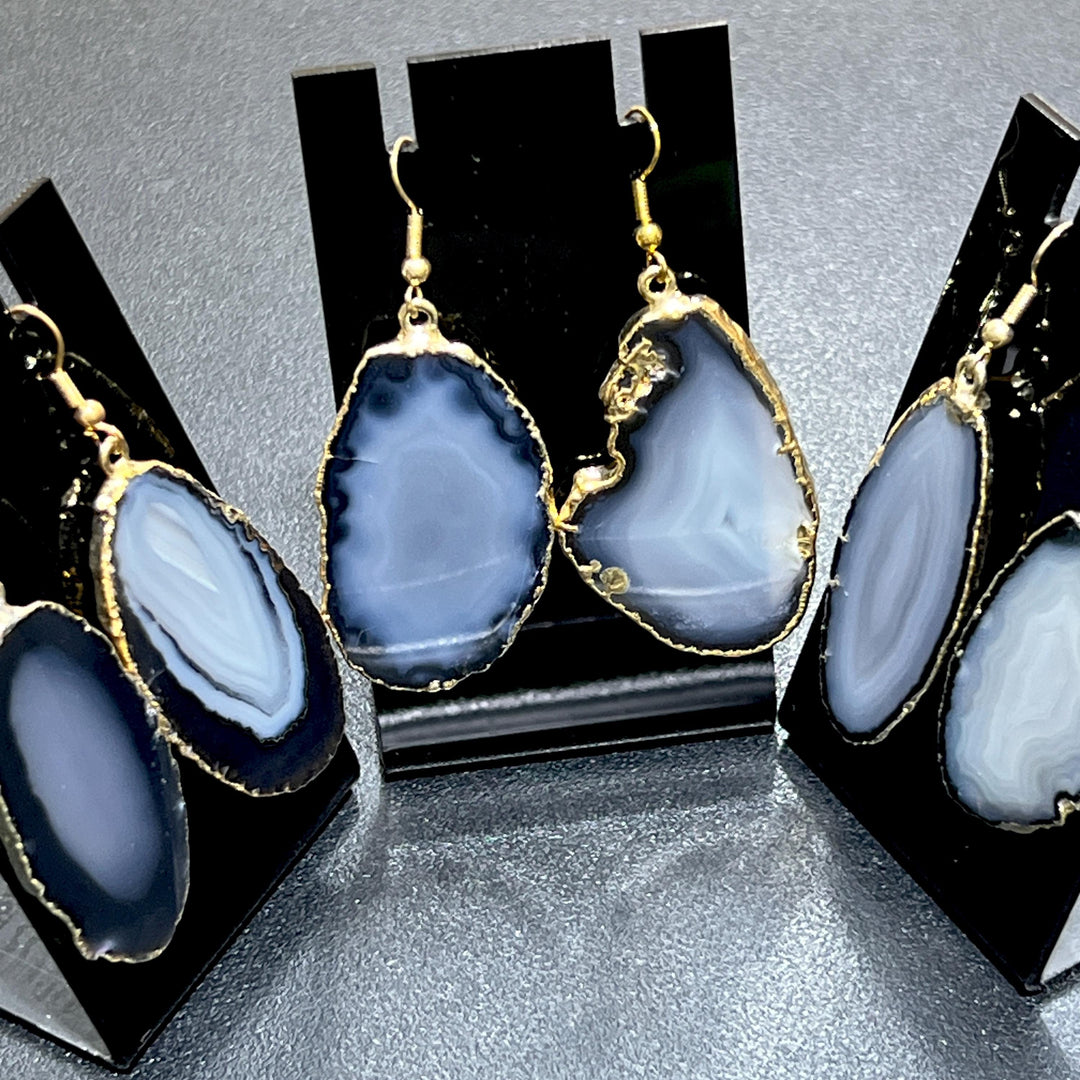 Black Gray Agate Slice Earrings Pair (Gold Plated Edges) Wholesale