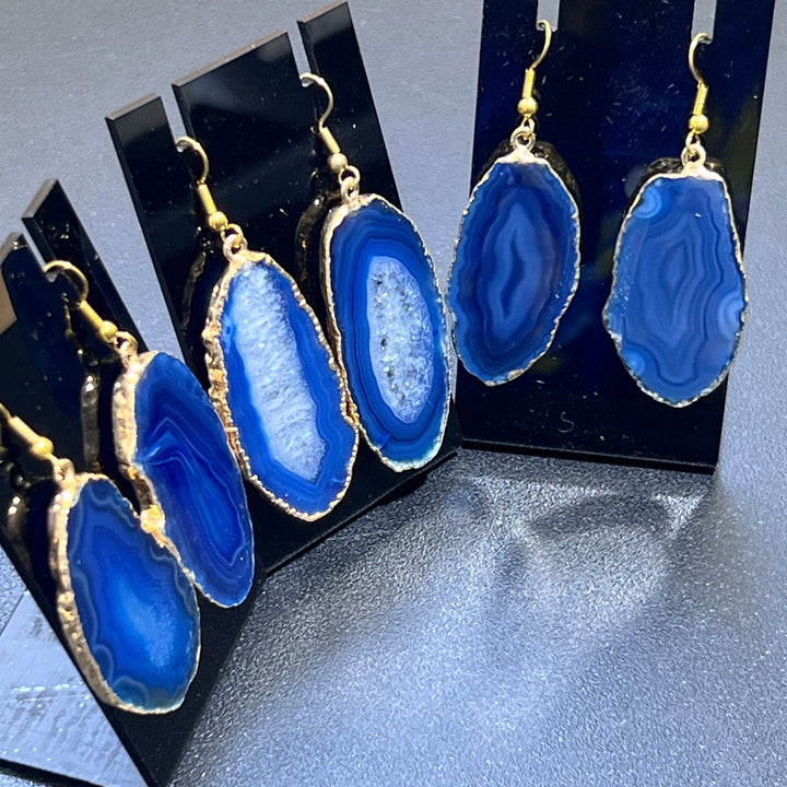 Blue Agate Slice Earrings Pair (Gold Plated Edges)(Stainless Hooks) Geode Slice Jewelry