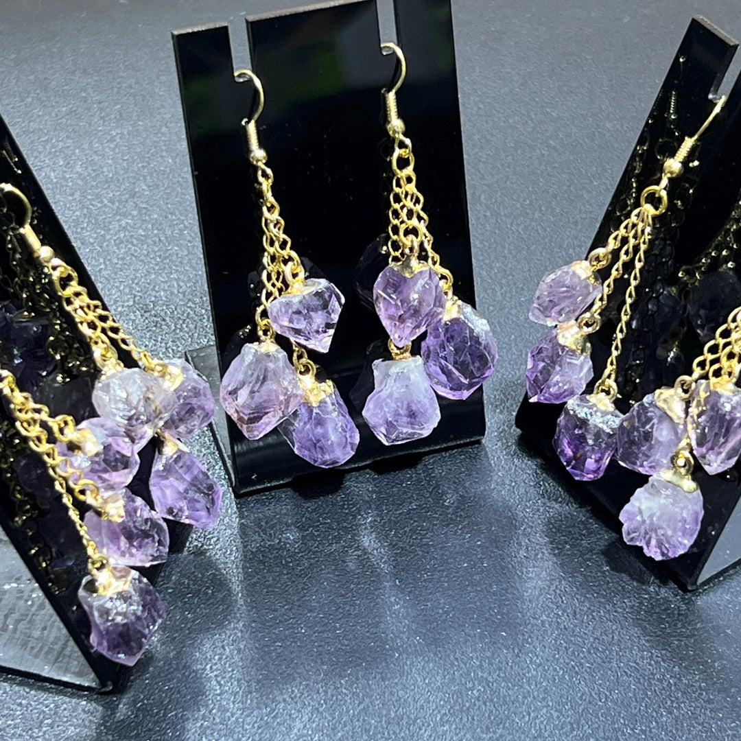 Long Dangle Amethyst Triple Crystal Point Earrings Pair (Gold Plated) Wholesale