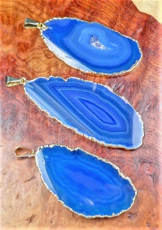 Blue Agate Slice Crystal Pendant (Gold Plated Edges) Gemstone Jewelry Necklace Charm Supply