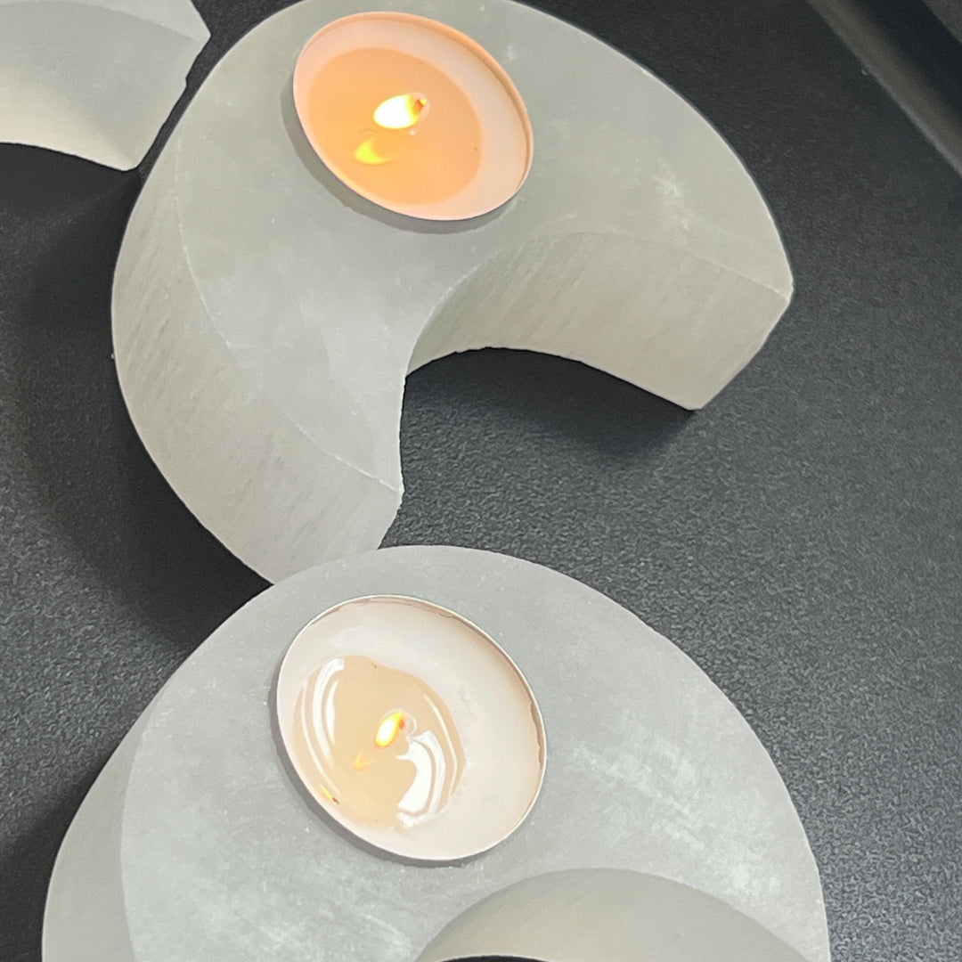 Selenite Crystal Crescent Moon Tealight Candle Carving Gemstone Home Decor