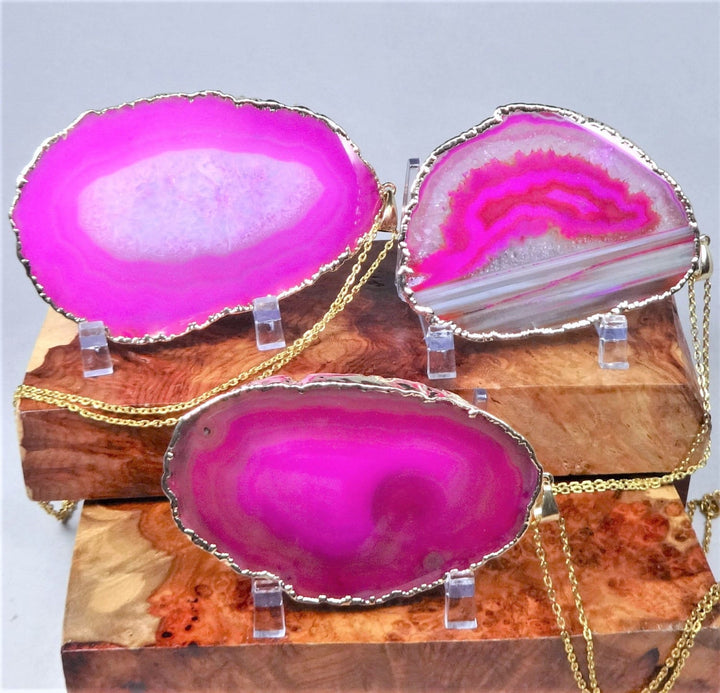 Hot Pink Agate Slice Pendant (Large 3-4 Inches)(Gold Plated) Geode Crystal Jewelry Necklace Supply