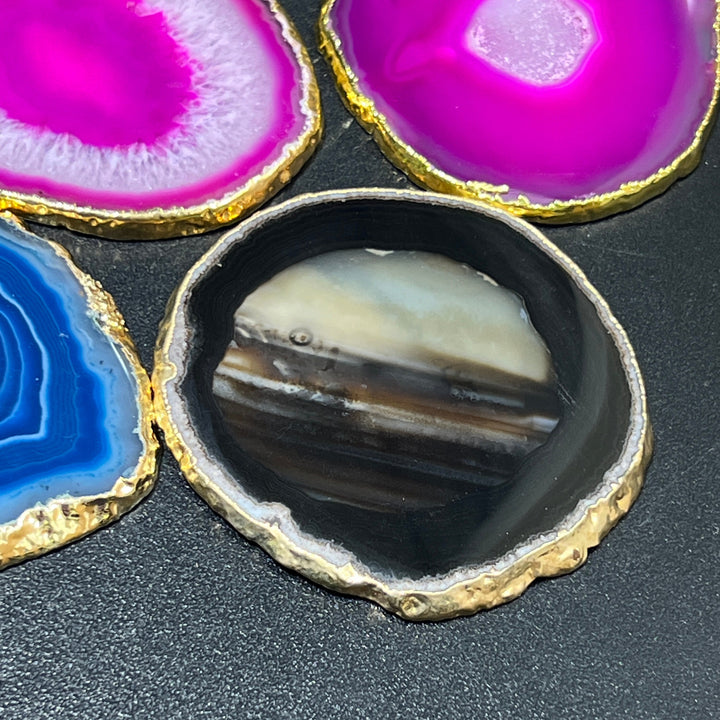 Agate Slice Coaster Gold Plated (Size #3)(3.5 Inches) Grade A Escort Place Cards Painting Blanks Pink Blue Teal Green Gray Purple Brown