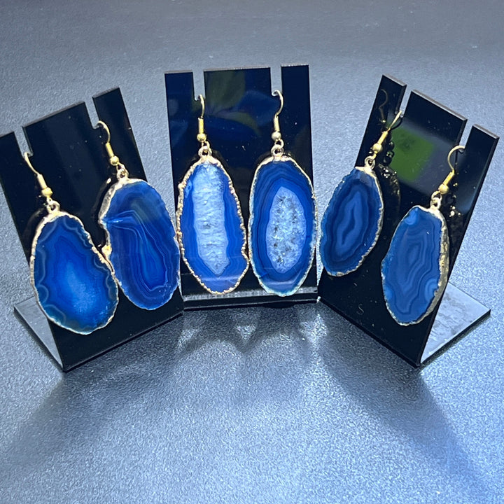 Blue Agate Slice Earrings Pair (Gold Plated Edges)(Stainless Hooks) Geode Slice Jewelry