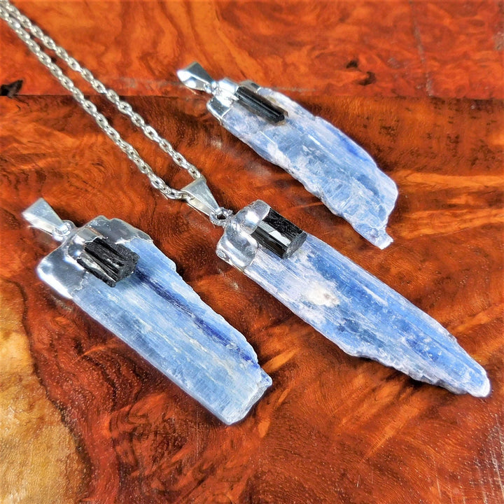 Blue Kyanite & Tourmaline Crystal Pendant (Silver Plated) Gemstone Jewelry Necklace Charm Supply