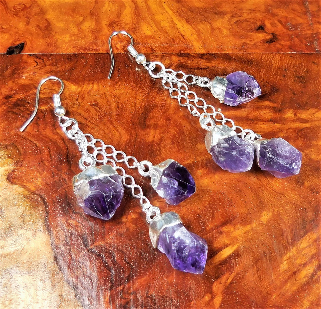 Amethyst Crystal Earrings Pair (Stainless Steel Silver Hooks) Long Dangle Gemstone Jewelry Supply