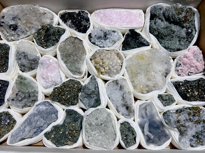 Bolivian Minerals Crystal Mixed Collection (Large 15x10 Inch Flat) Pyrite Sphalerite Galena Quartz Pink Mangano Calcite