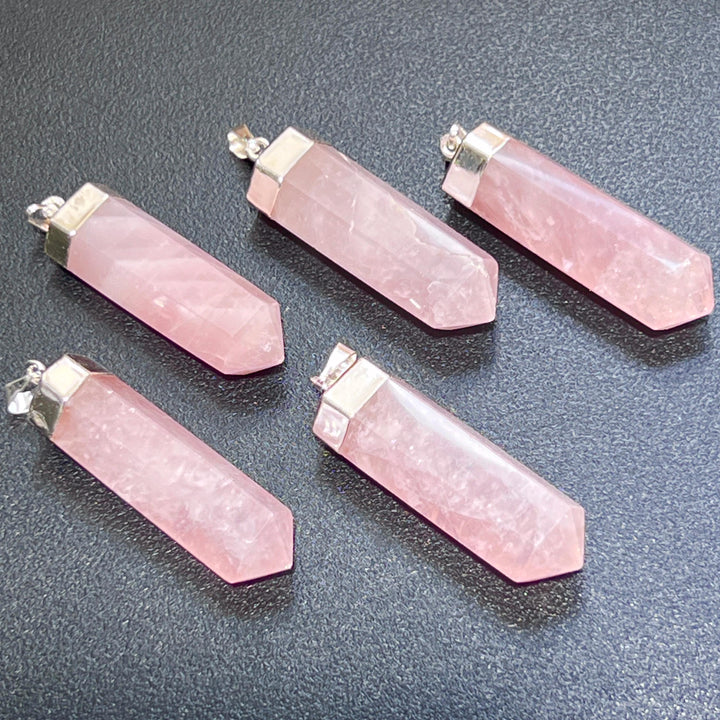 Pink Rose Quartz Crystal Point Pendant (Silver Plated) Faceted Gemstone Jewelry Necklace Supply