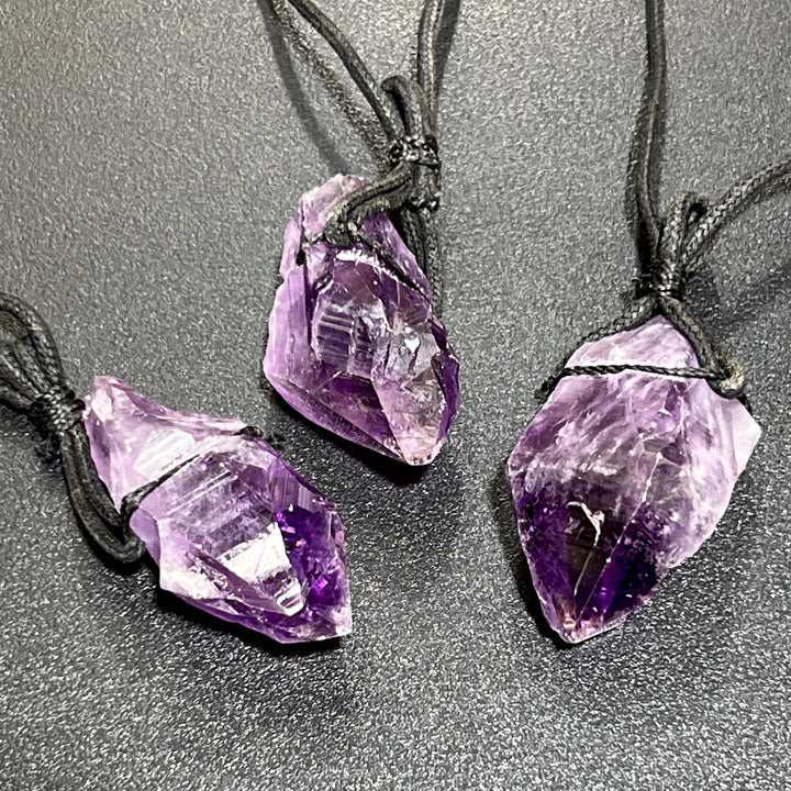 Large Dark Amethyst Crystal Raw Point Necklace (24 Inch Black Cord) Gemstone Jewelry Pendant