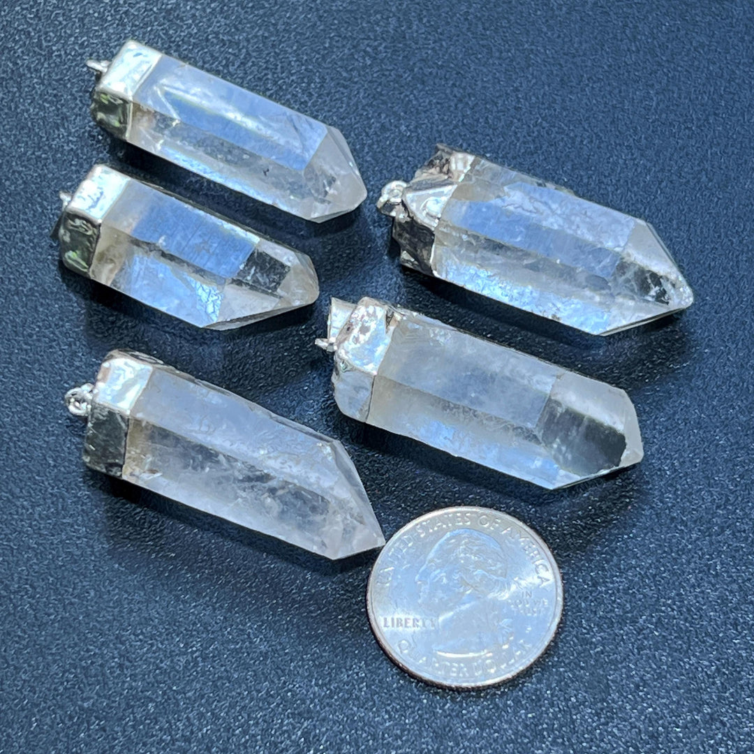 Quartz Crystal Point Pendant (Silver Plated) Gemstone Jewelry Necklace Charm Supply