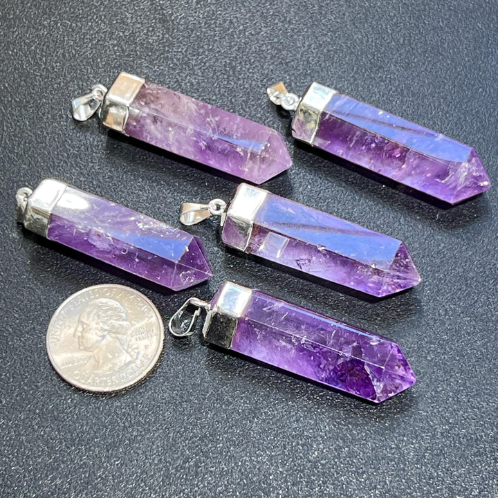 Amethyst Crystal Point Pendant (Silver Plated) Faceted Gemstone Jewelry Necklace Supply