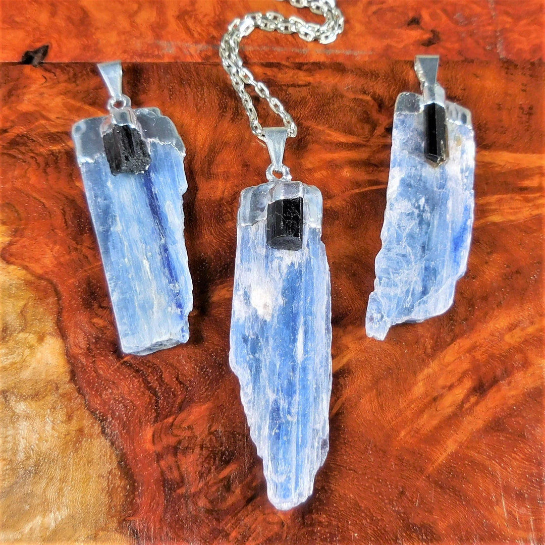 Blue Kyanite & Tourmaline Crystal Pendant (Silver Plated) Gemstone Jewelry Necklace Charm Supply