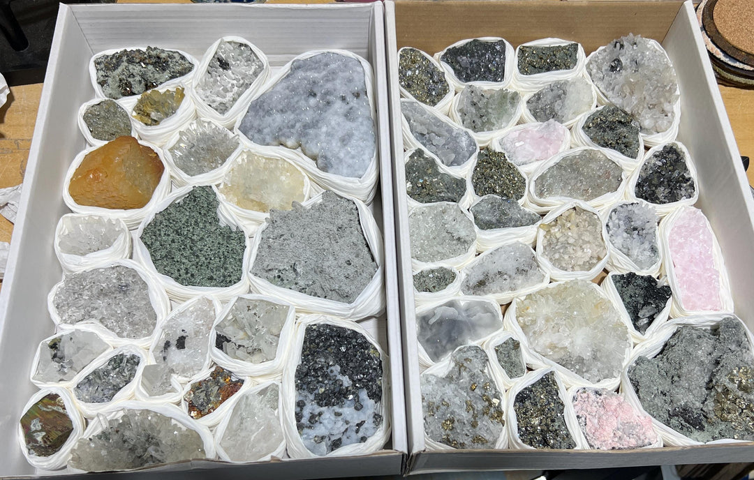 Bolivian Minerals Crystal Mixed Collection (Large 15x10 Inch Flat) Pyrite Sphalerite Galena Quartz Pink Mangano Calcite