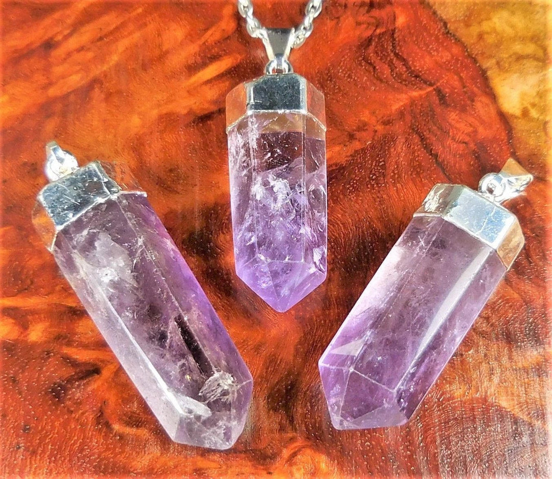 Amethyst Crystal Point Pendant (Silver Plated) Faceted Gemstone Jewelry Necklace Supply