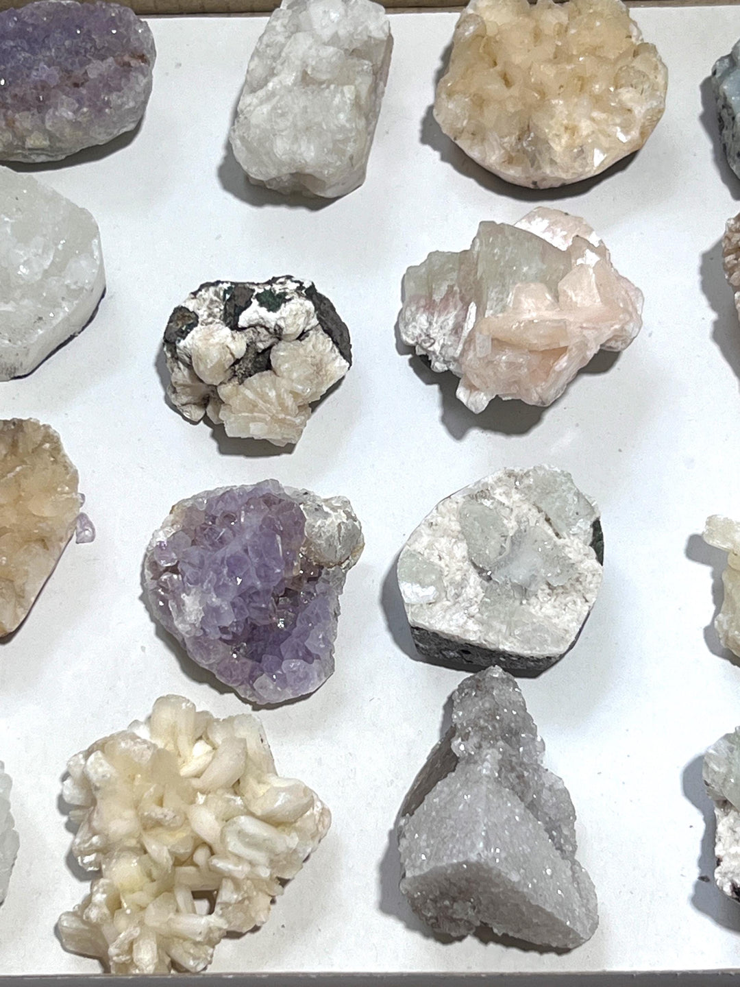 Zeolite Crystal Collection Lot (24 Mixed Pieces) Wholesale Box Flat Rough Raw Apophyillite Stilbite Amethyst Thomsonite