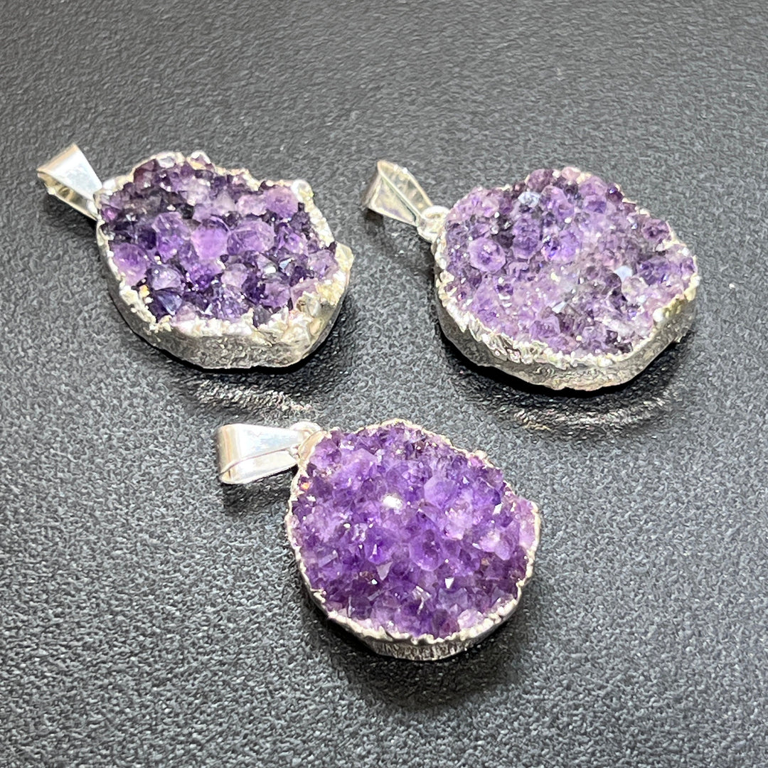 Amethyst Druzy Crystal Pendant (Silver Plated Edges) Petite Purple Jewelry Charm Necklace Supply