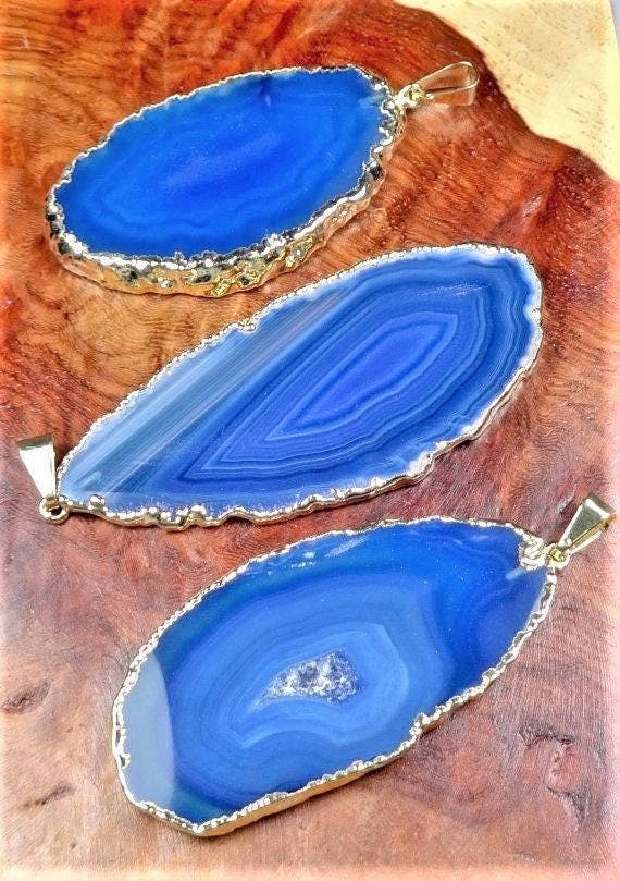 Blue Agate Slice Crystal Pendant (Gold Plated Edges) Gemstone Jewelry Necklace Charm Supply