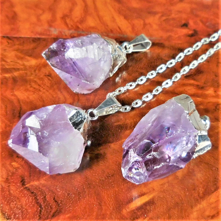 Purple Amethyst Crystal Rough Raw Point Pendant (Silver Plated) Wholesale